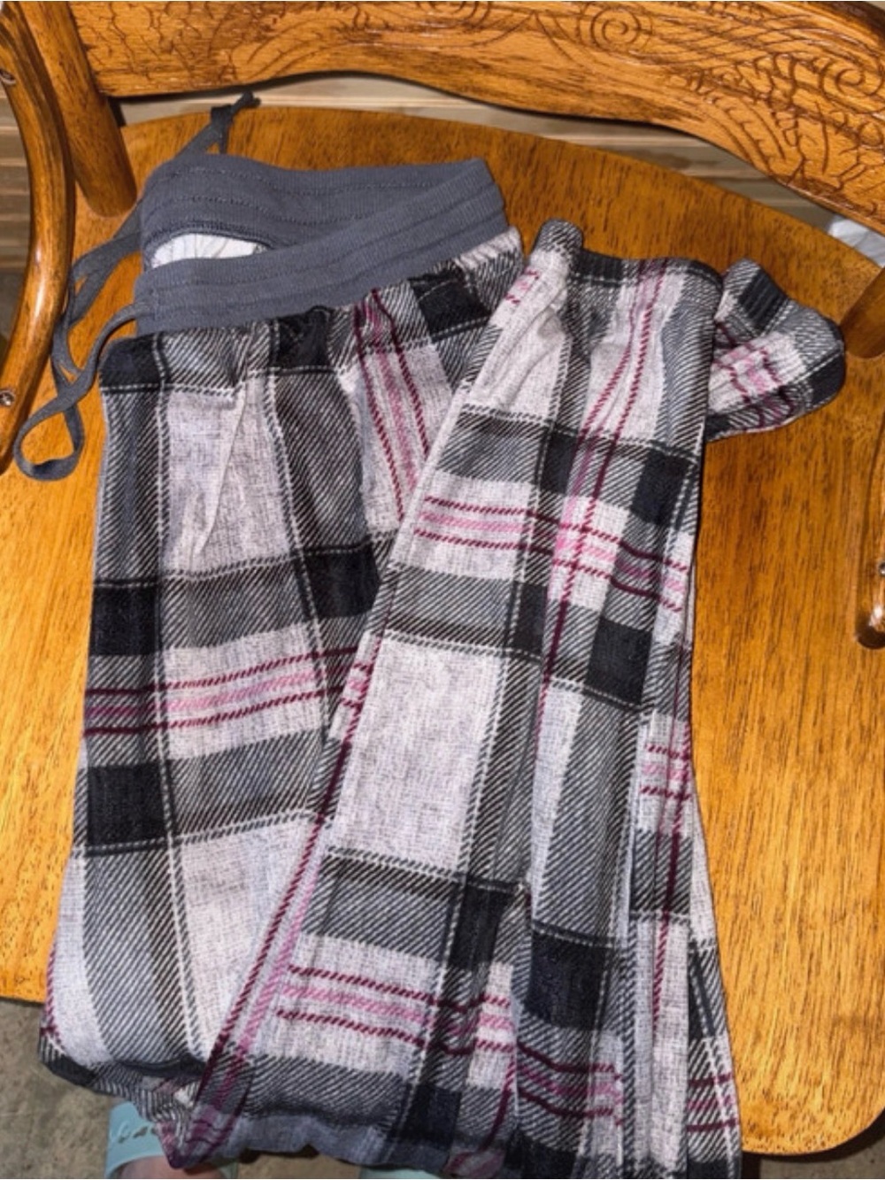 Women Plaid Flannel Pajama Pants - Gray with Black & Burgundy Trim